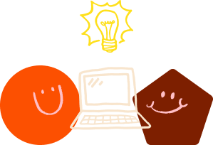 Two smiling Gatheround mascots sharing ideas over a laptop.